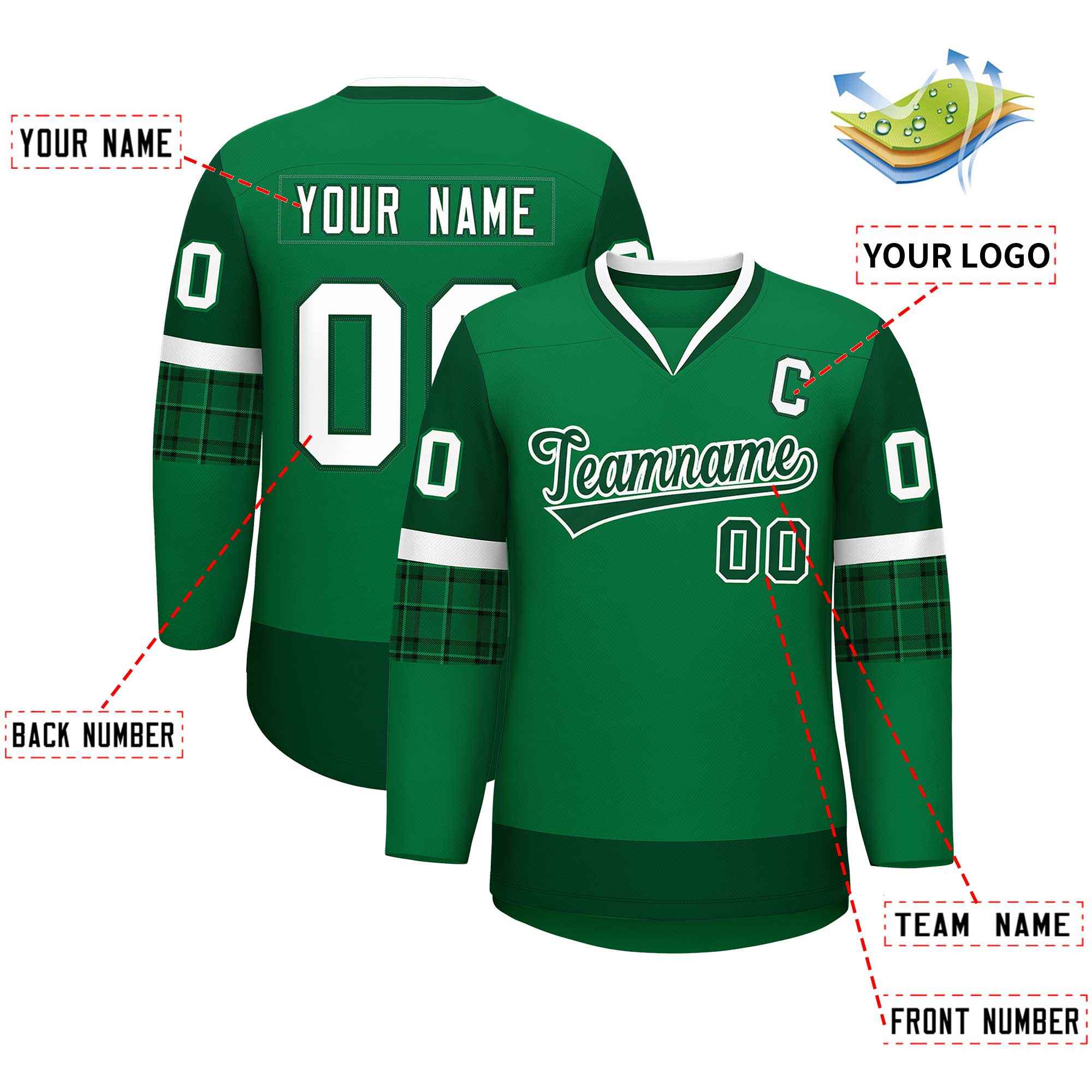 Custom Teal Green-White Personalized Raglan Sleeves V-Neck Hockey Jersey