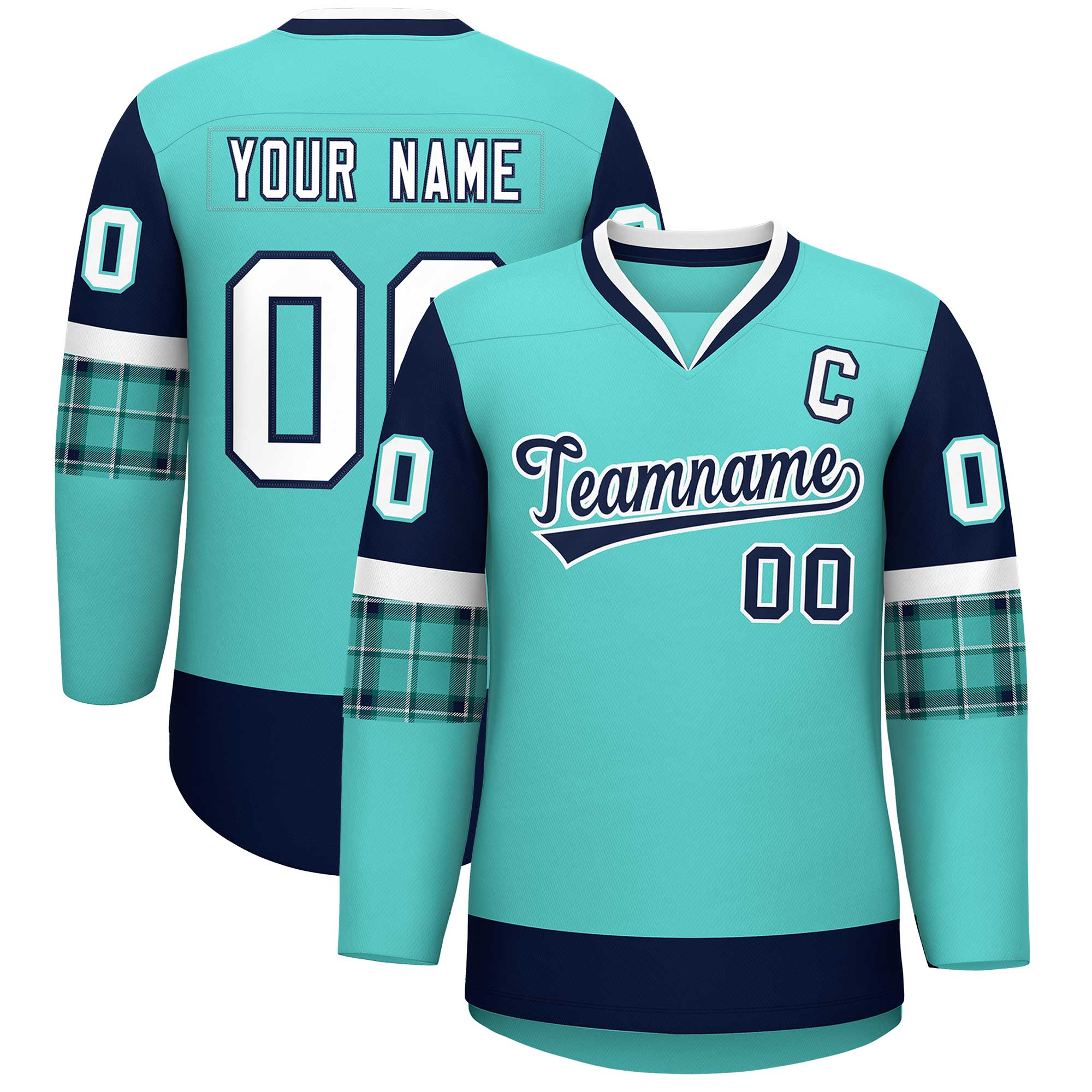 Custom Bright Green Navy-White Personalized Raglan Sleeves V-Neck Hockey Jersey