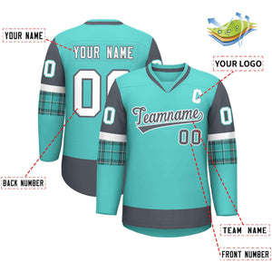 Custom Bright Green Dark Gray-White Personalized Raglan Sleeves V-Neck Hockey Jersey