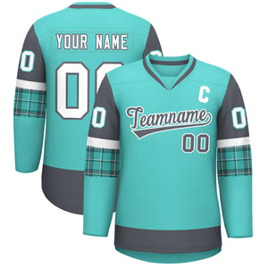 Custom Bright Green Dark Gray-White Personalized Raglan Sleeves V-Neck Hockey Jersey