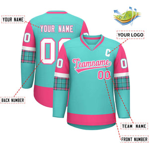 Custom Bright Green Pink-White Personalized Raglan Sleeves V-Neck Hockey Jersey