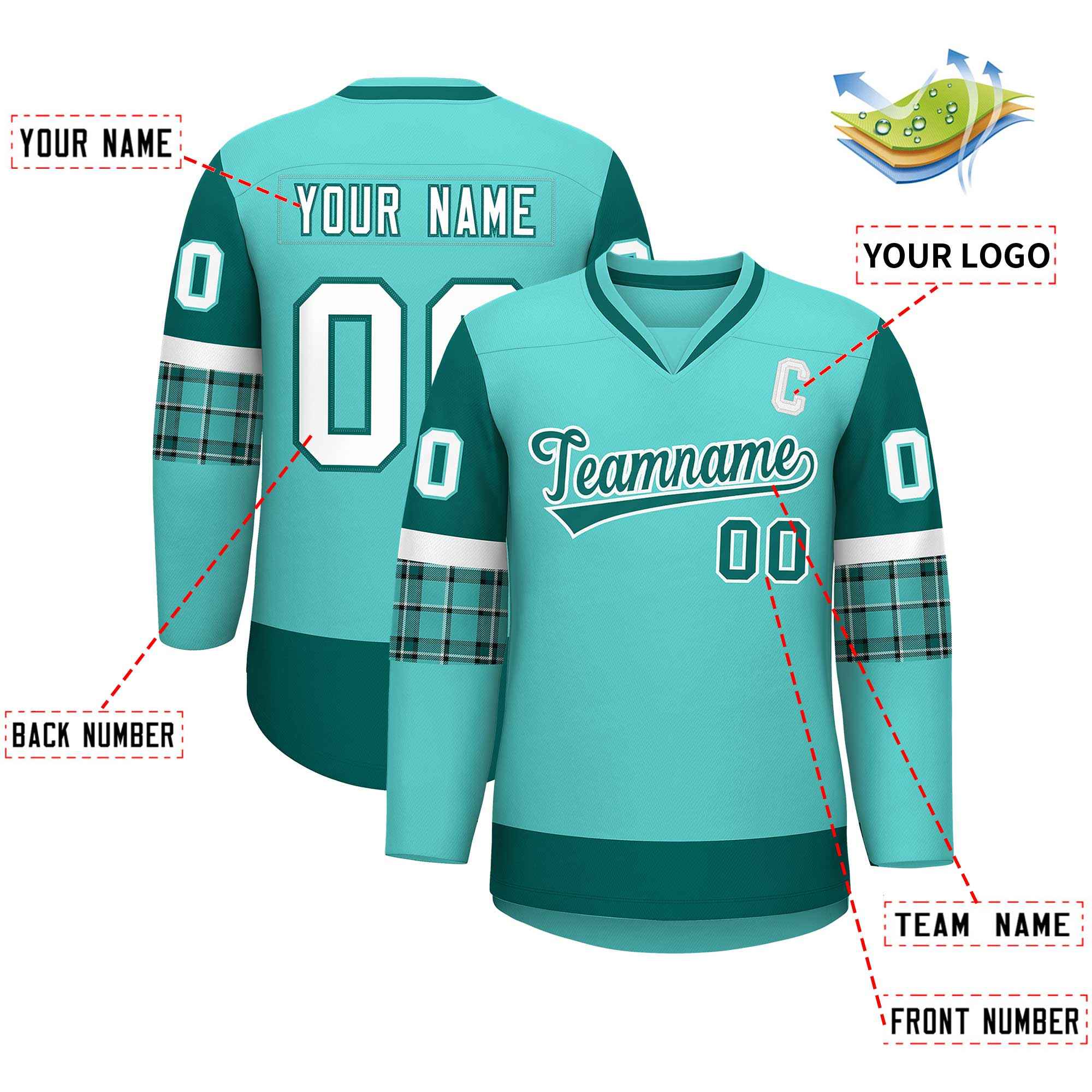 Custom Bright Green Aqua-White Personalized Raglan Sleeves V-Neck Hockey Jersey