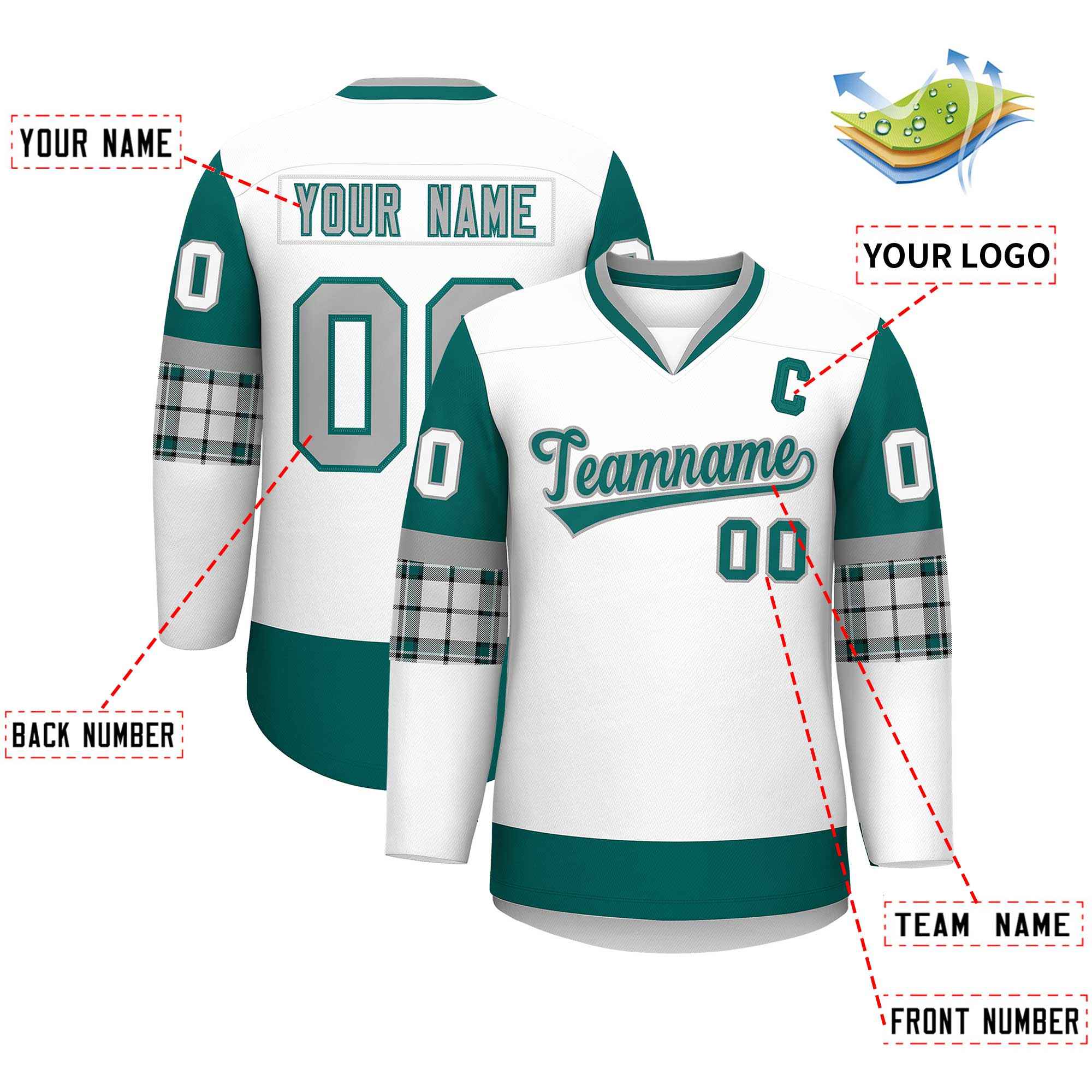 Custom White Aqua-Gray Personalized Raglan Sleeves V-Neck Hockey Jersey