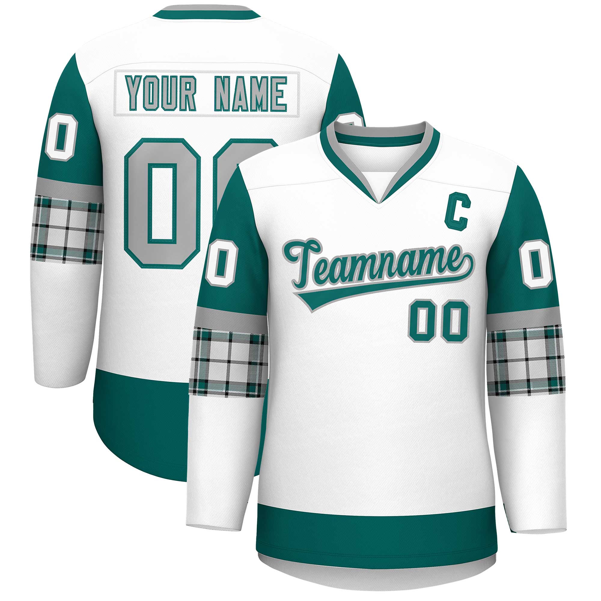 Custom White Aqua-Gray Personalized Raglan Sleeves V-Neck Hockey Jersey