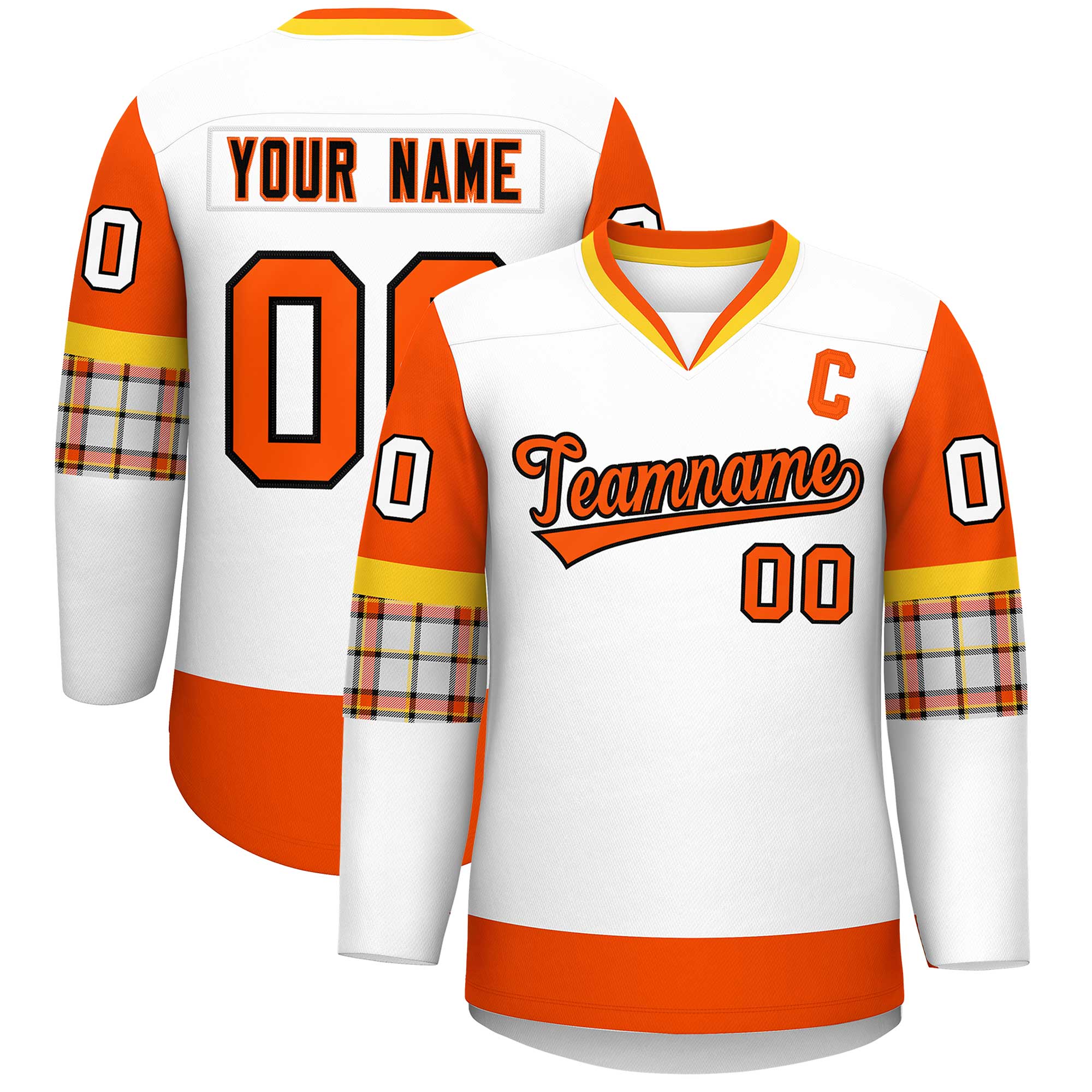 Custom White Orange-Orange Personalized Raglan Sleeves V-Neck Hockey Jersey