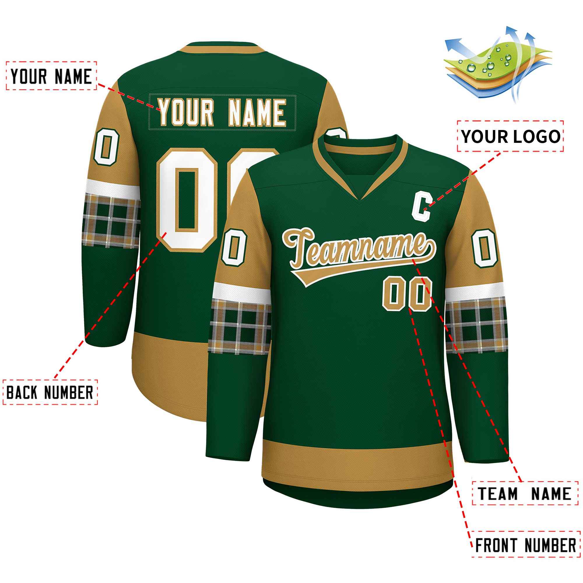 Custom Green Old Gold-White Personalized Raglan Sleeves V-Neck Hockey Jersey