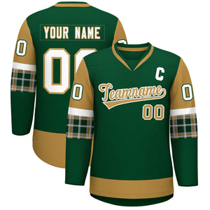 Custom Green Old Gold-White Personalized Raglan Sleeves V-Neck Hockey Jersey