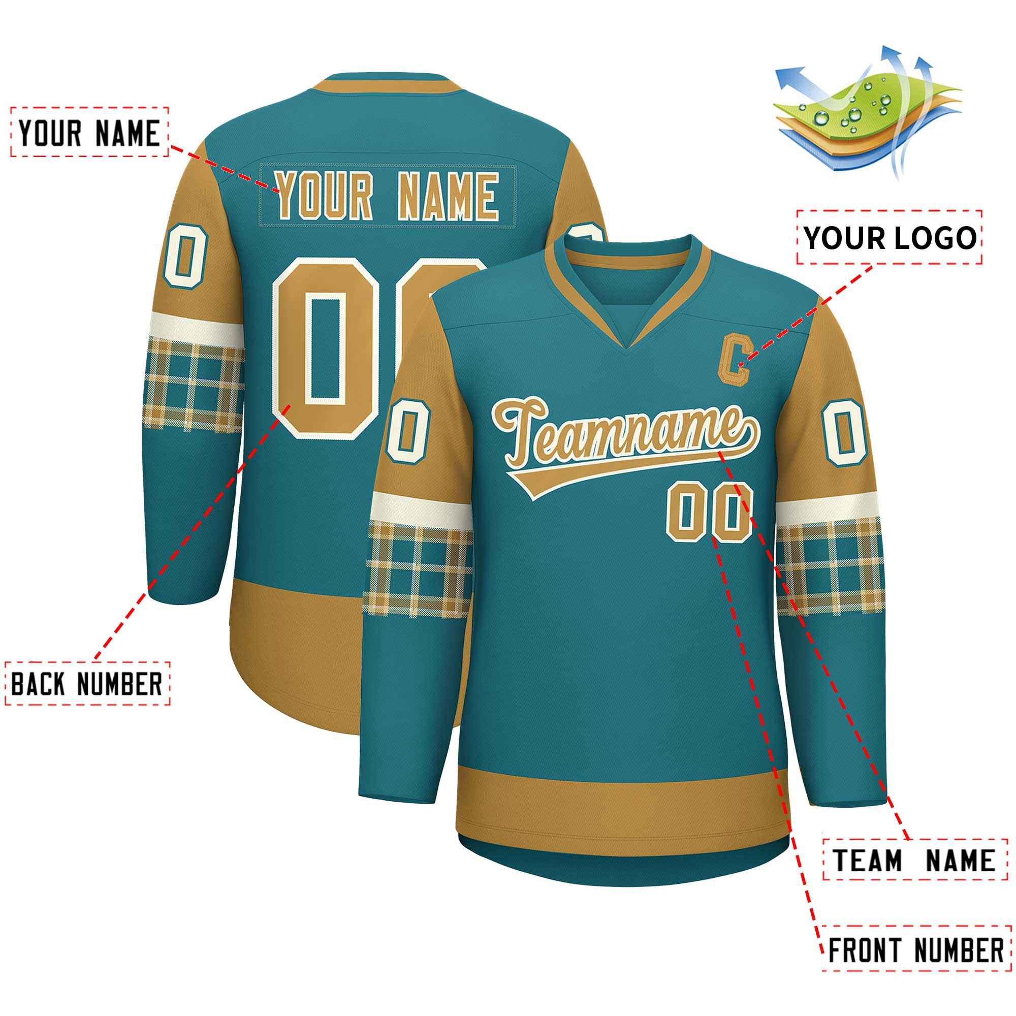 Custom Aqua Old Gold-Old Gold Personalized Raglan Sleeves V-Neck Hockey Jersey