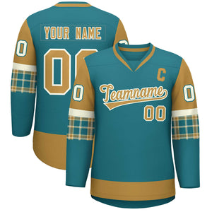 Custom Aqua Old Gold-Old Gold Personalized Raglan Sleeves V-Neck Hockey Jersey