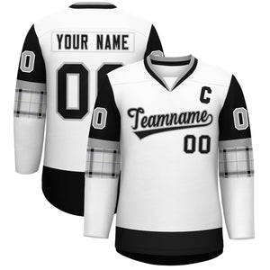 Custom White Black-Black Personalized Raglan Sleeves V-Neck Hockey Jersey