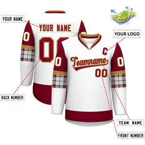 Custom White Crimson-Crimson Personalized Raglan Sleeves V-Neck Hockey Jersey