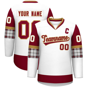 Custom White Crimson-Crimson Personalized Raglan Sleeves V-Neck Hockey Jersey