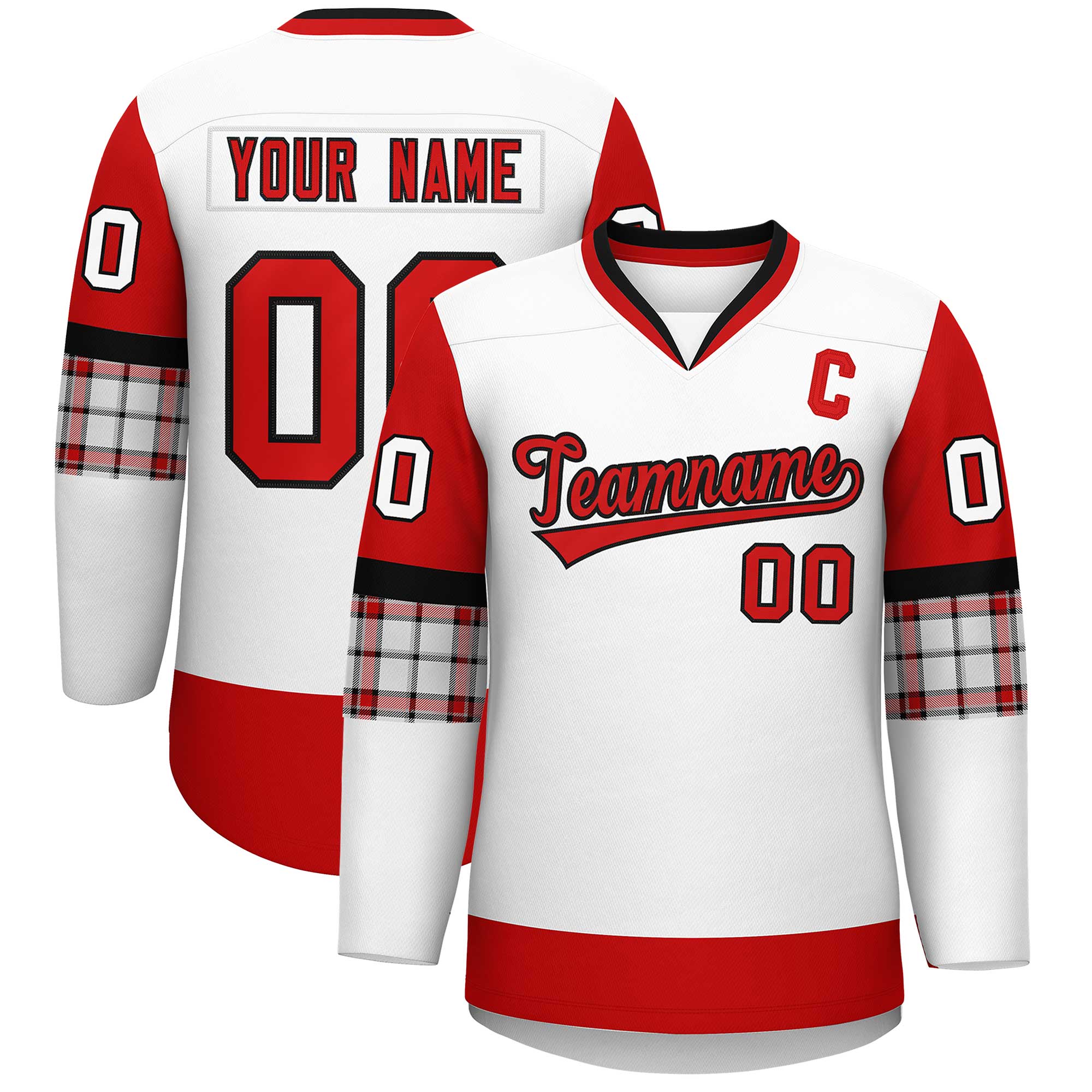 Custom White Red-Red Personalized Raglan Sleeves V-Neck Hockey Jersey