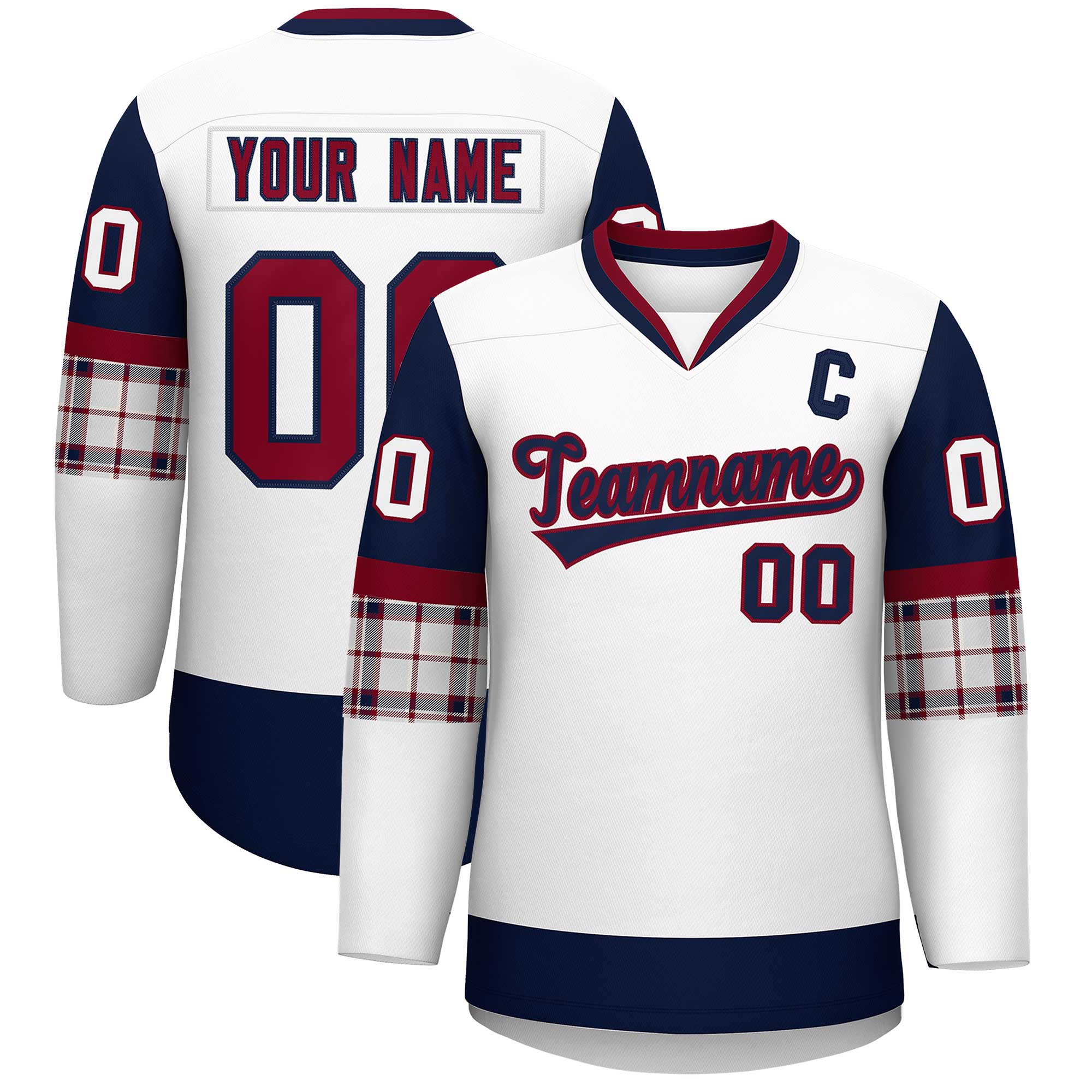 Custom White Navy-Crimson Personalized Raglan Sleeves V-Neck Hockey Jersey