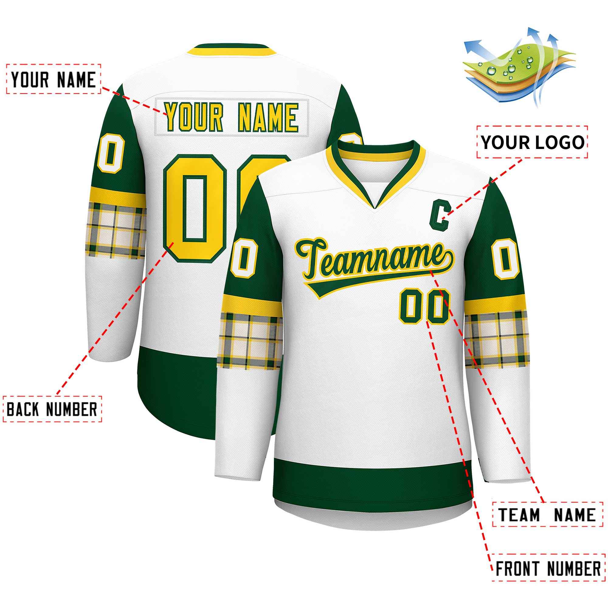 Custom White Green-Yellow Personalized Raglan Sleeves V-Neck Hockey Jersey