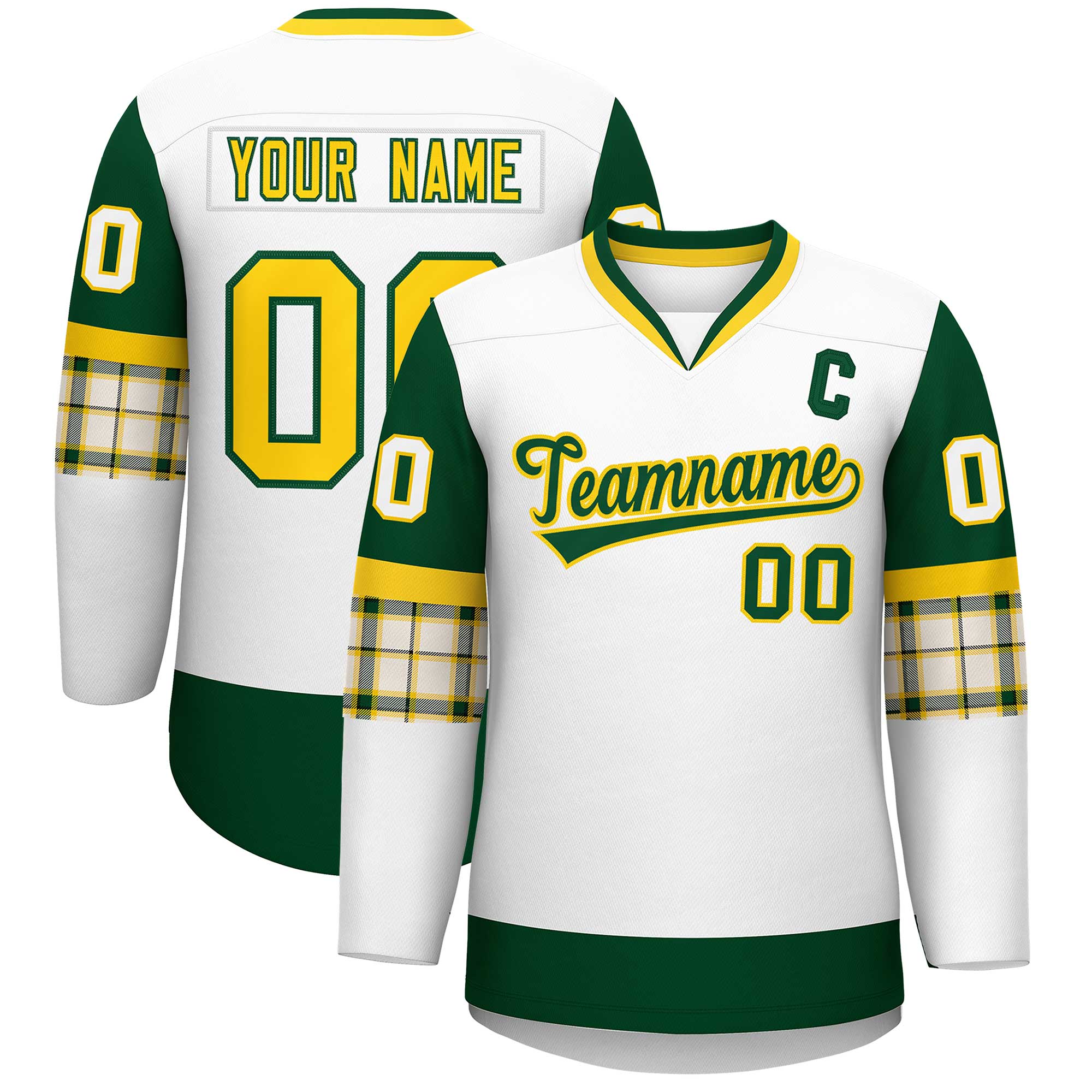 Custom White Green-Yellow Personalized Raglan Sleeves V-Neck Hockey Jersey