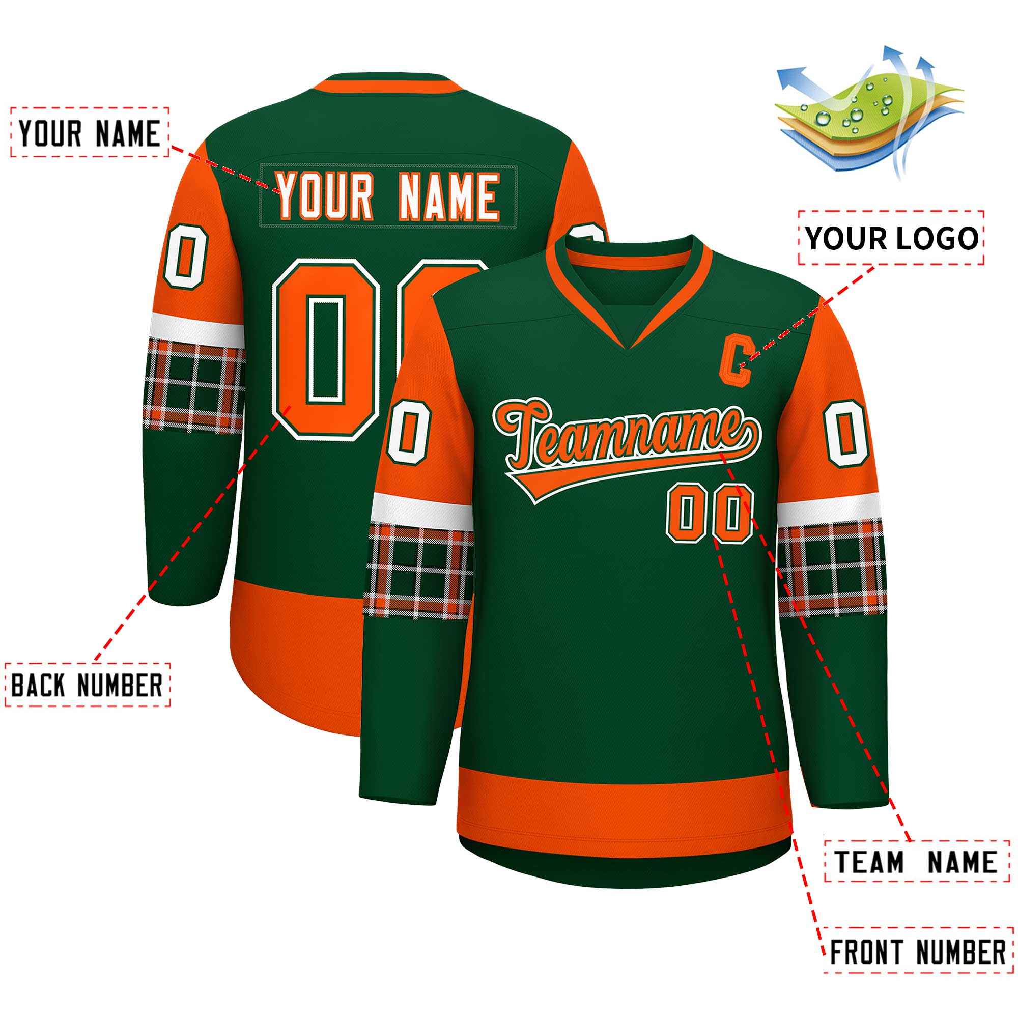 Custom Green Orange-Orange Personalized Raglan Sleeves V-Neck Hockey Jersey