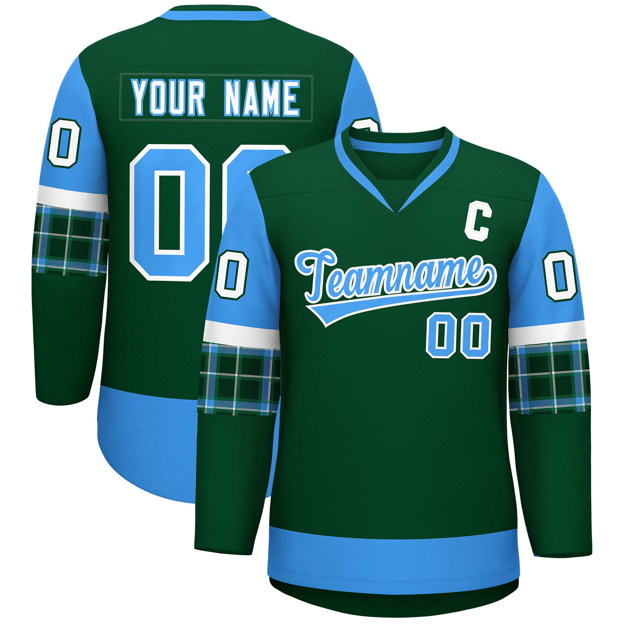 Custom Green Powder Blue-Powder Blue Personalized Raglan Sleeves V-Neck Hockey Jersey