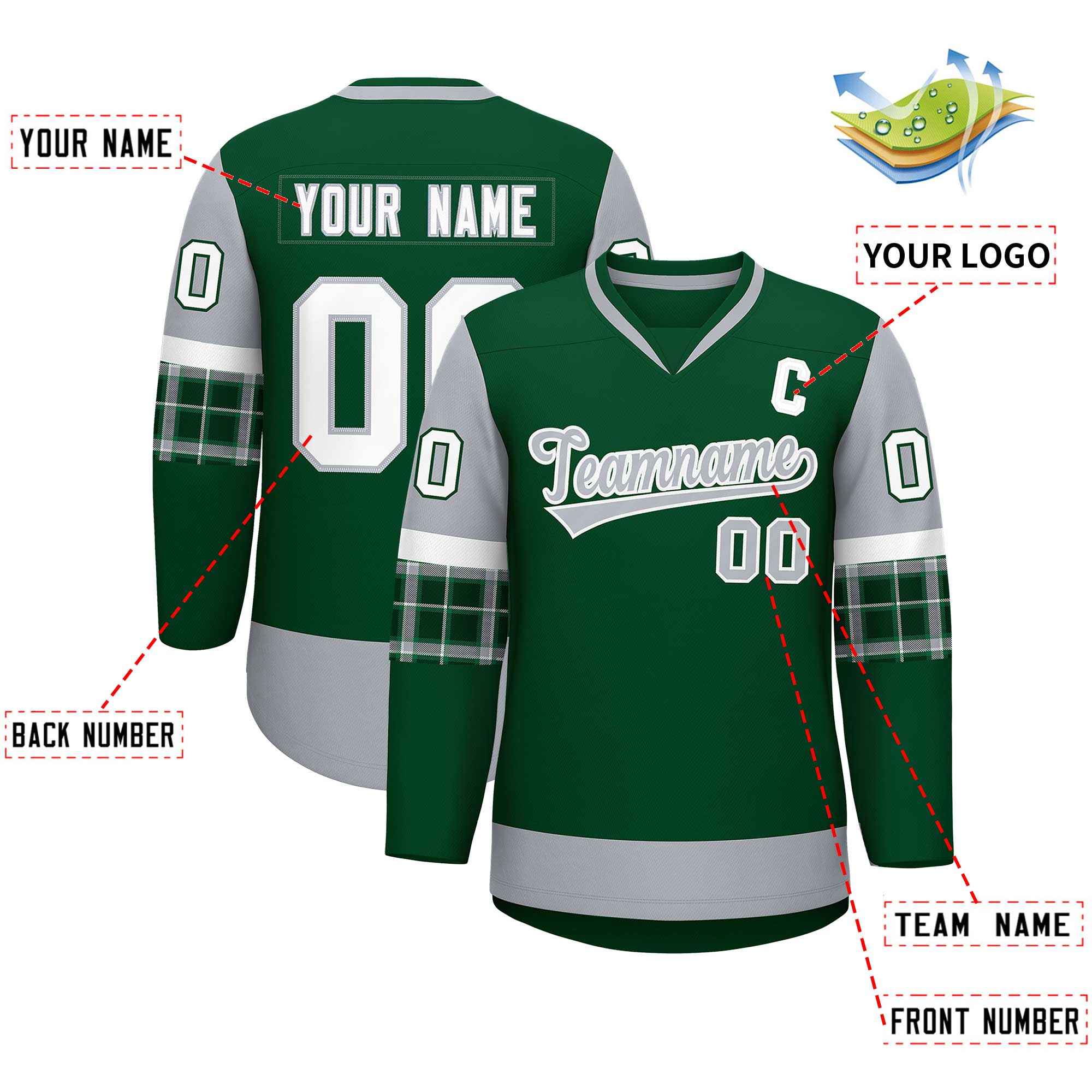 Custom Green Gray-White Personalized Raglan Sleeves V-Neck Hockey Jersey