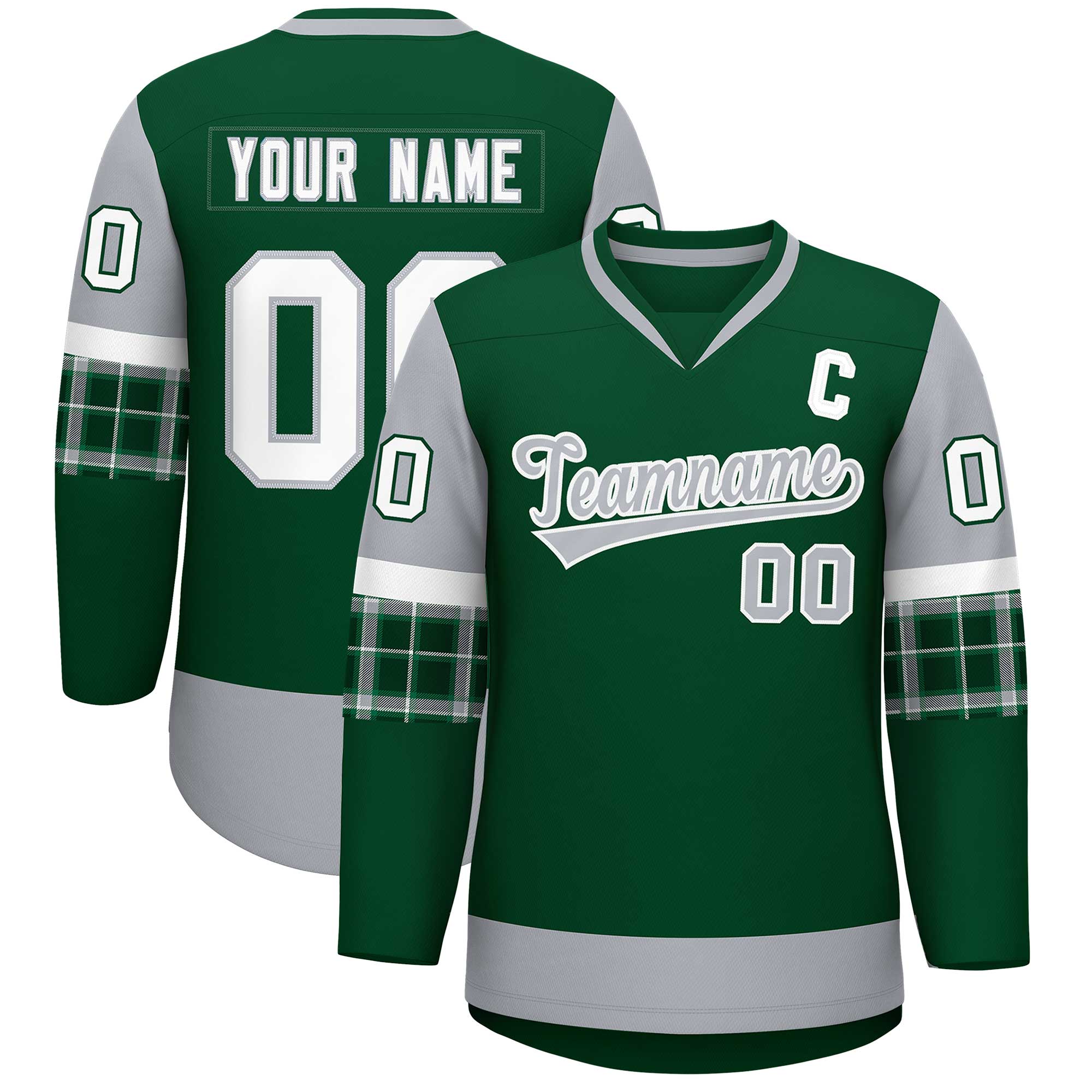 Custom Green Gray-White Personalized Raglan Sleeves V-Neck Hockey Jersey