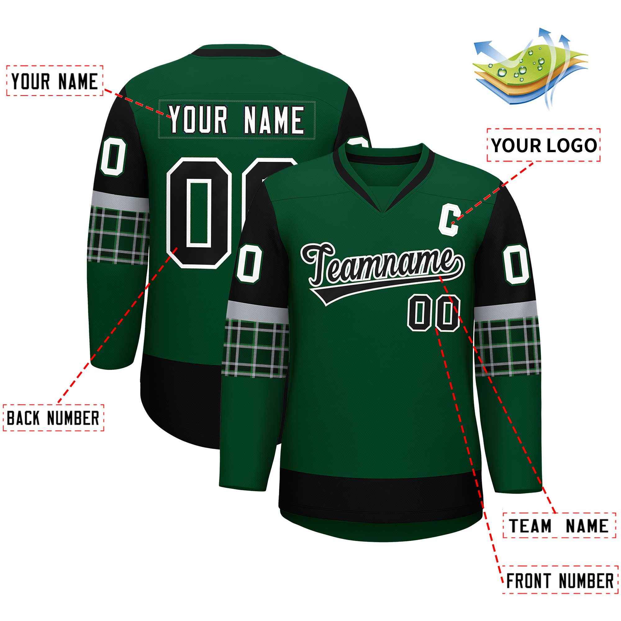 Custom Green Black-Black Personalized Raglan Sleeves V-Neck Hockey Jersey