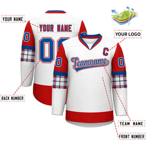 Custom White Red-Royal Personalized Raglan Sleeves V-Neck Hockey Jersey