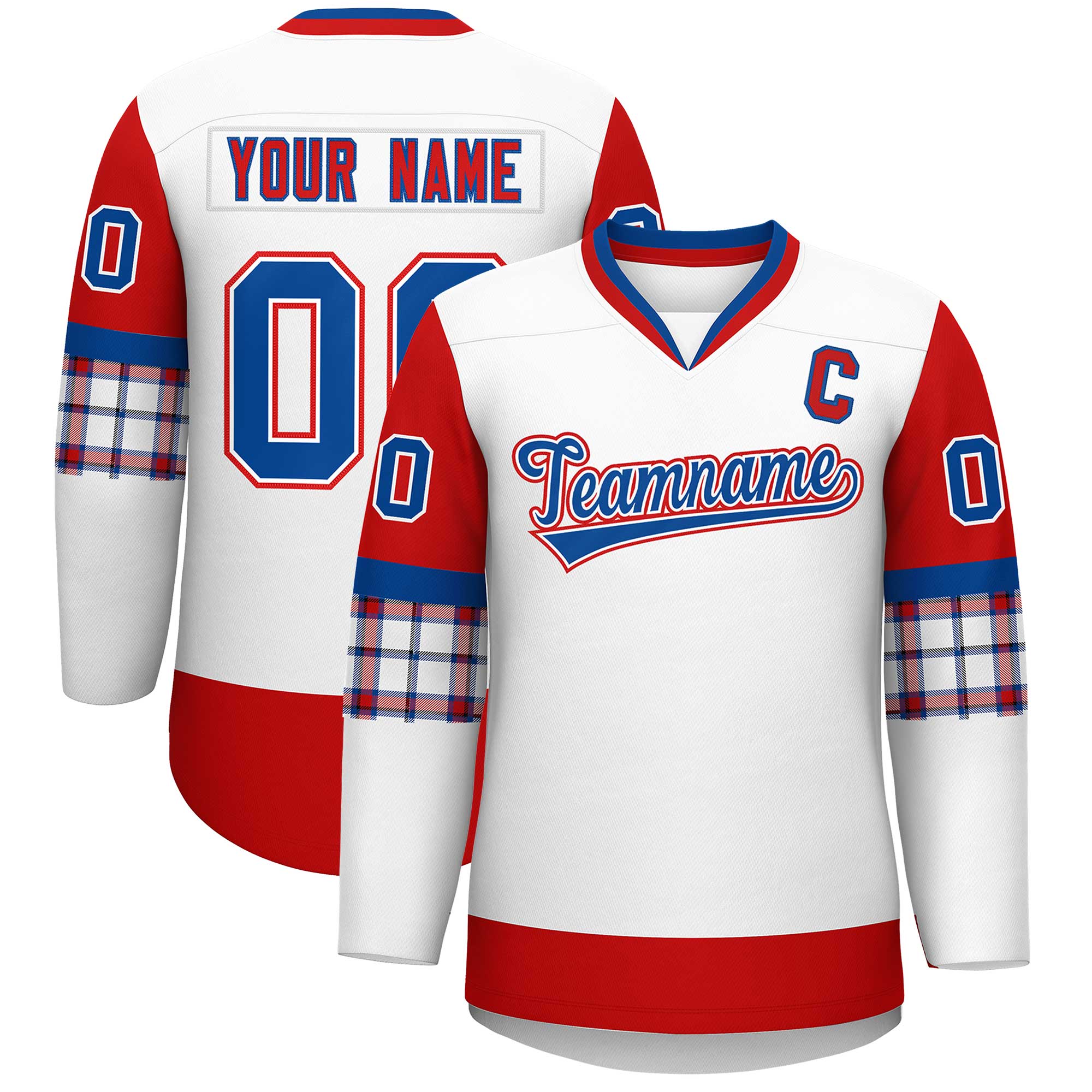 Custom White Red-Royal Personalized Raglan Sleeves V-Neck Hockey Jersey