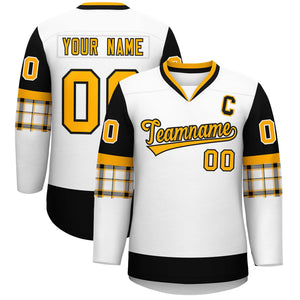 Custom White Black-Yellow Personalized Raglan Sleeves V-Neck Hockey Jersey