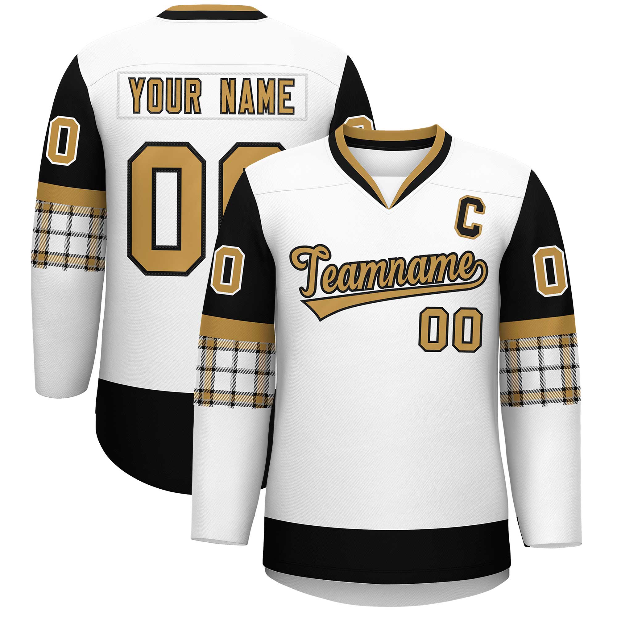 Custom White Black-Old Gold Personalized Raglan Sleeves V-Neck Hockey Jersey