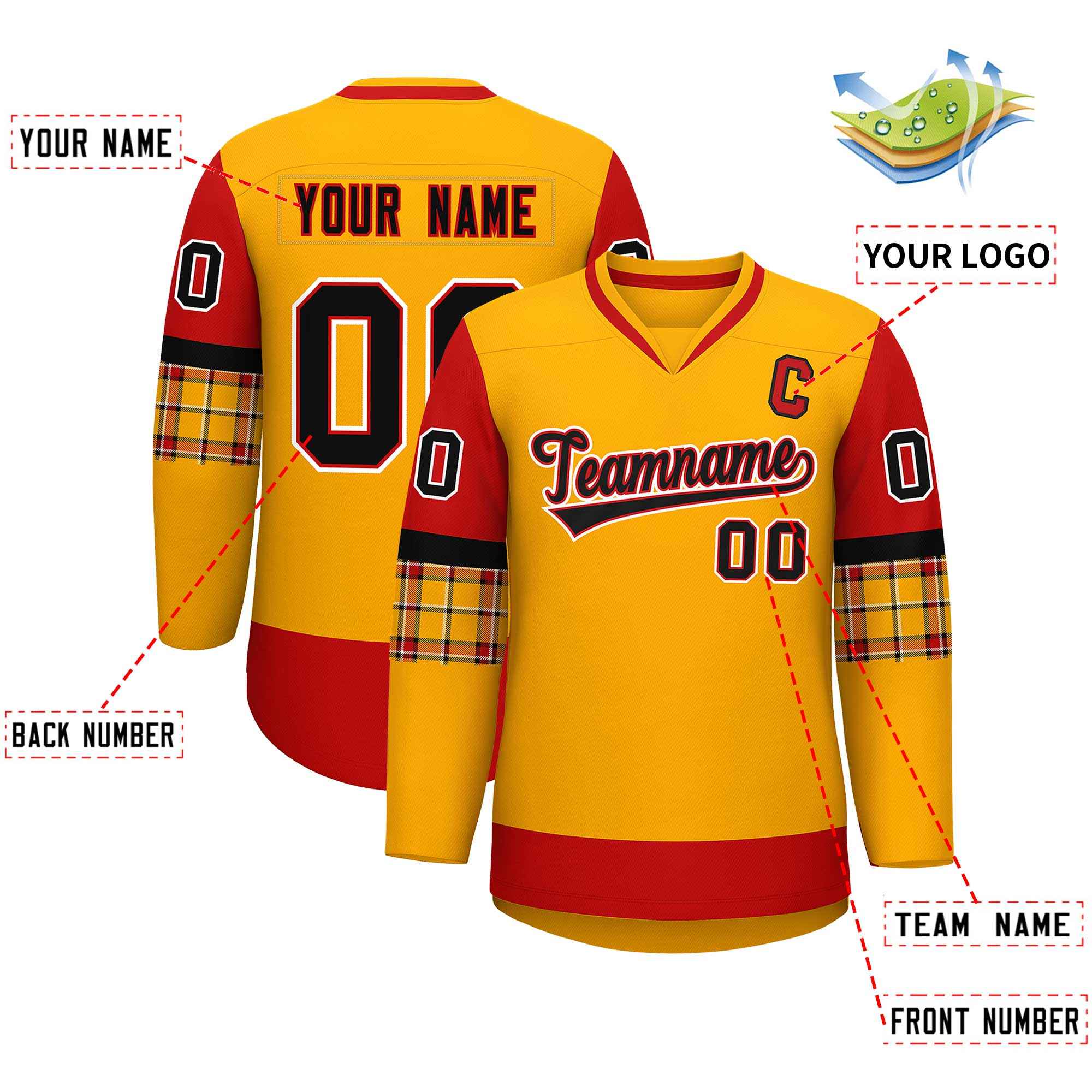 Custom Yellow Red-Black Personalized Raglan Sleeves V-Neck Hockey Jersey