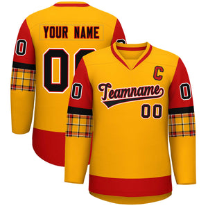 Custom Yellow Red-Black Personalized Raglan Sleeves V-Neck Hockey Jersey