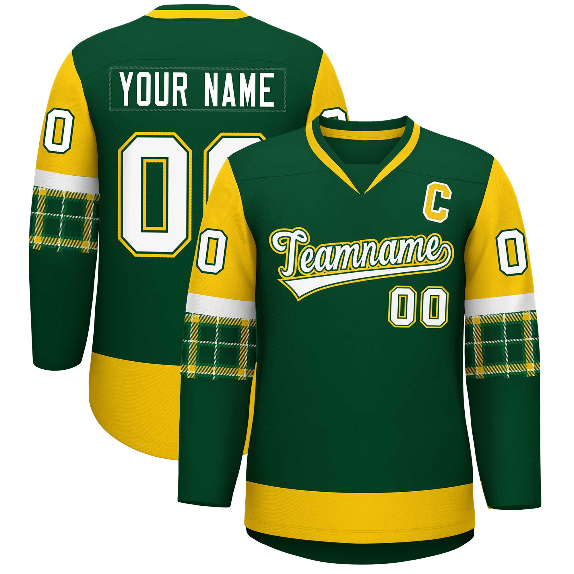 Custom Green Gold-White Personalized Raglan Sleeves V-Neck Hockey Jersey