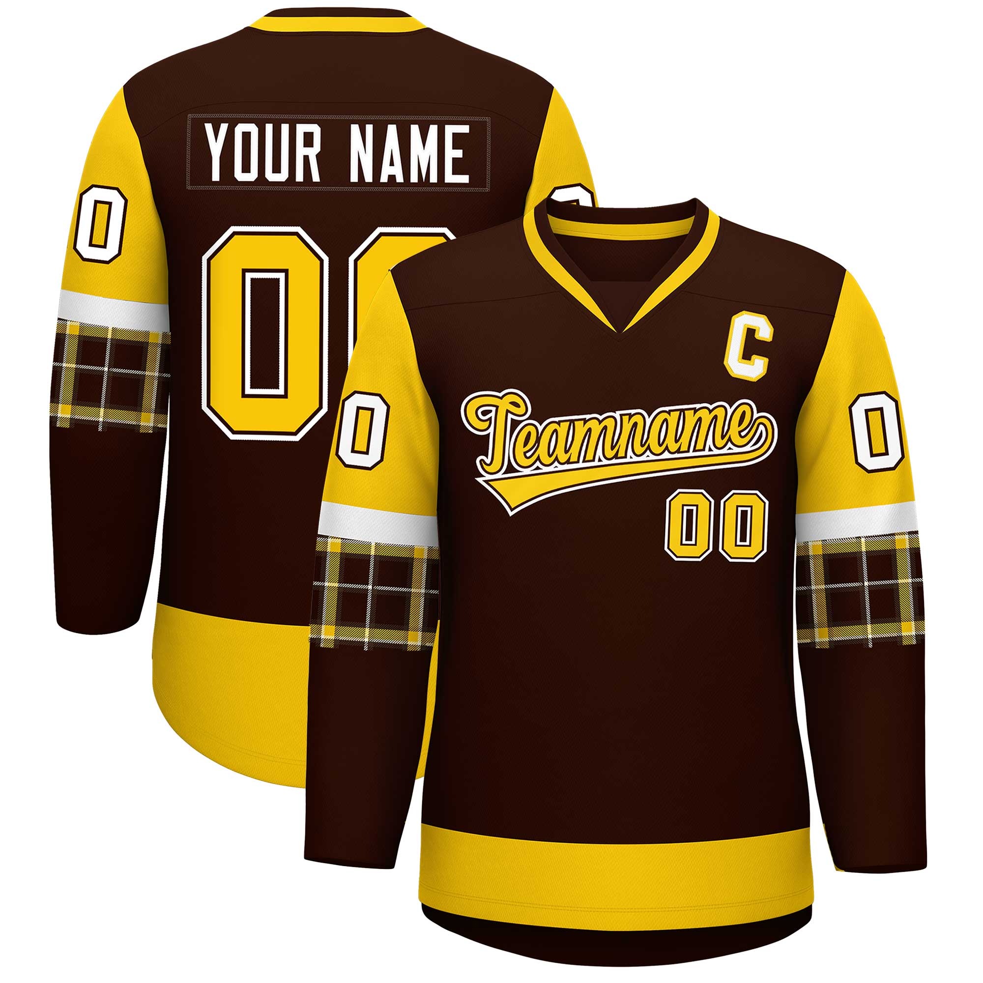 Custom Brown Gold-Gold Personalized Raglan Sleeves V-Neck Hockey Jersey