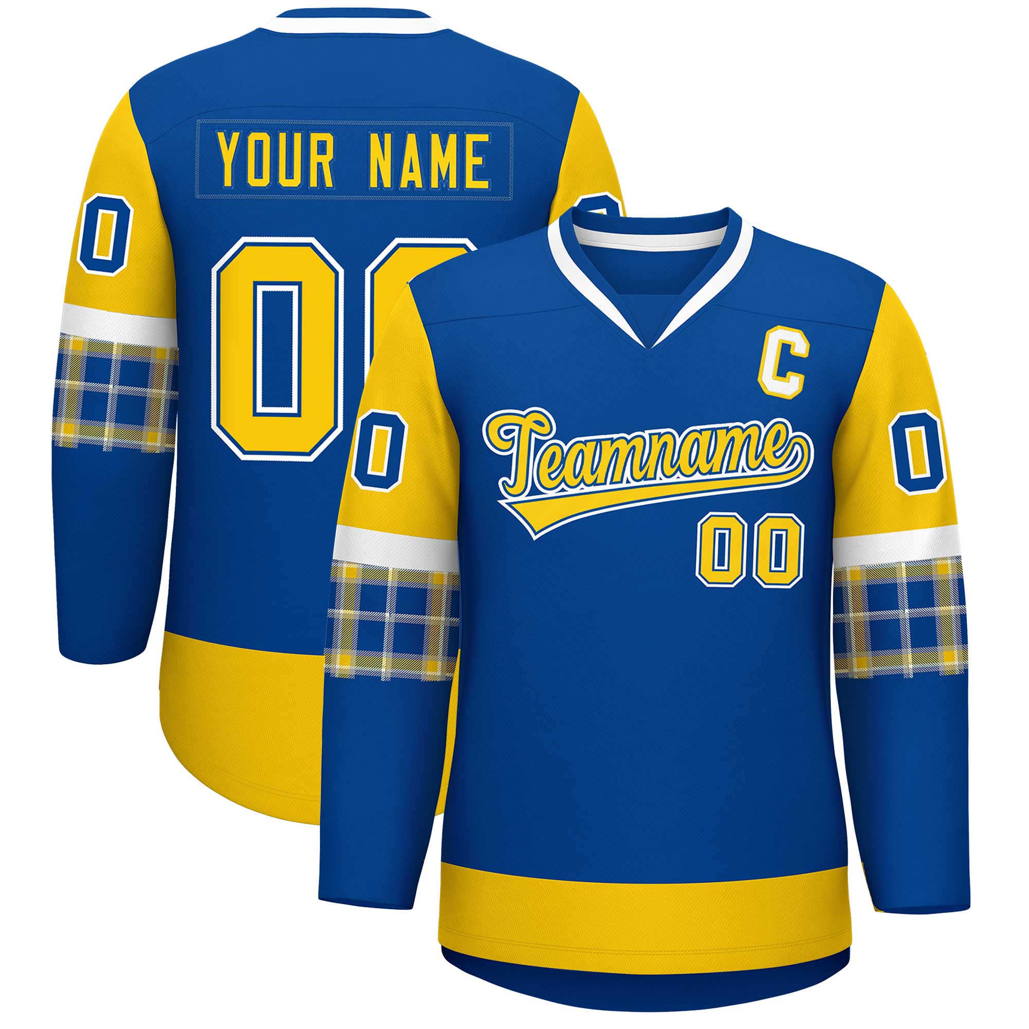 Custom Royal Gold-Gold Personalized Raglan Sleeves V-Neck Hockey Jersey