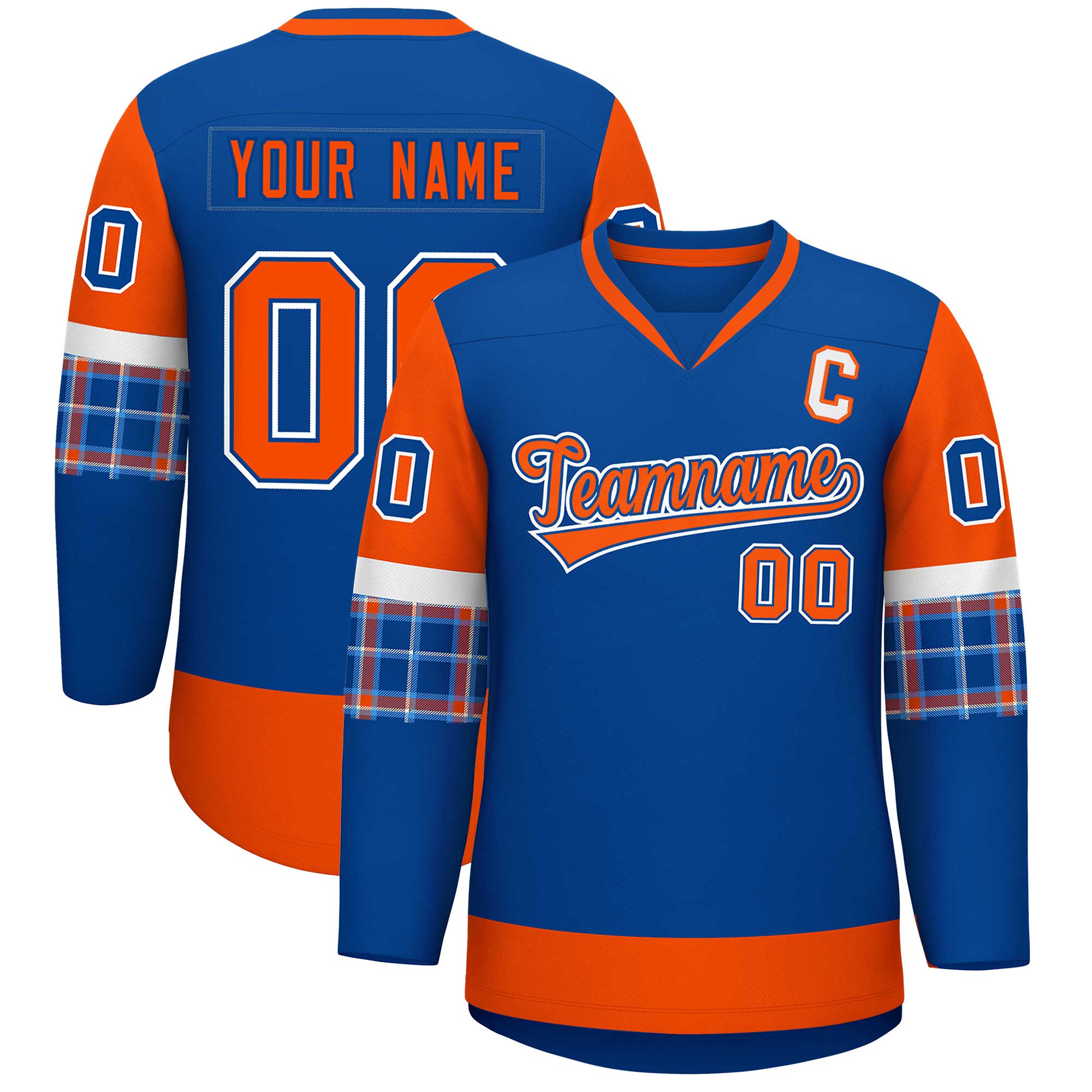 Custom Royal Orange-Orange Personalized Raglan Sleeves V-Neck Hockey Jersey