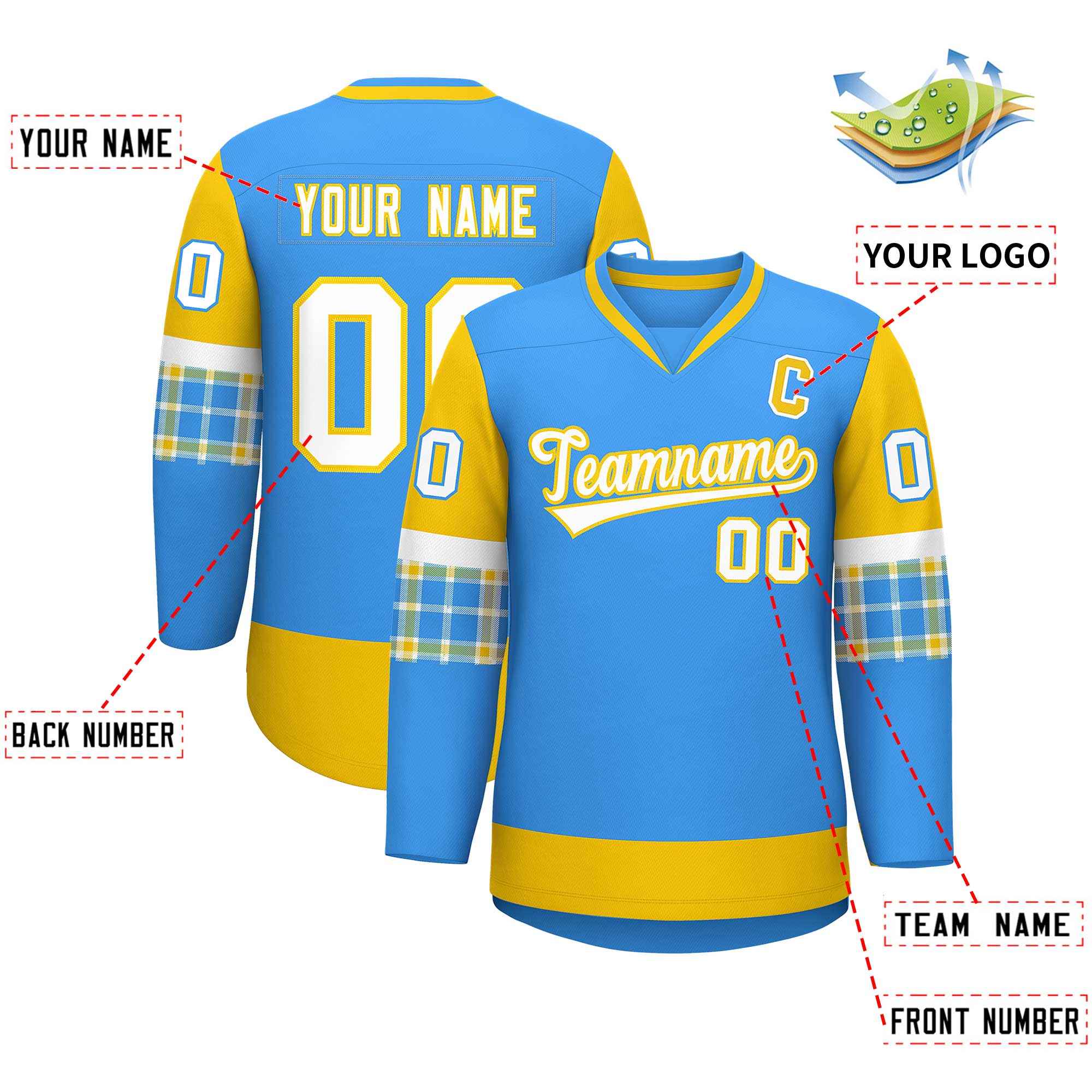 Custom Powder Blue Gold-White Personalized Raglan Sleeves V-Neck Hockey Jersey