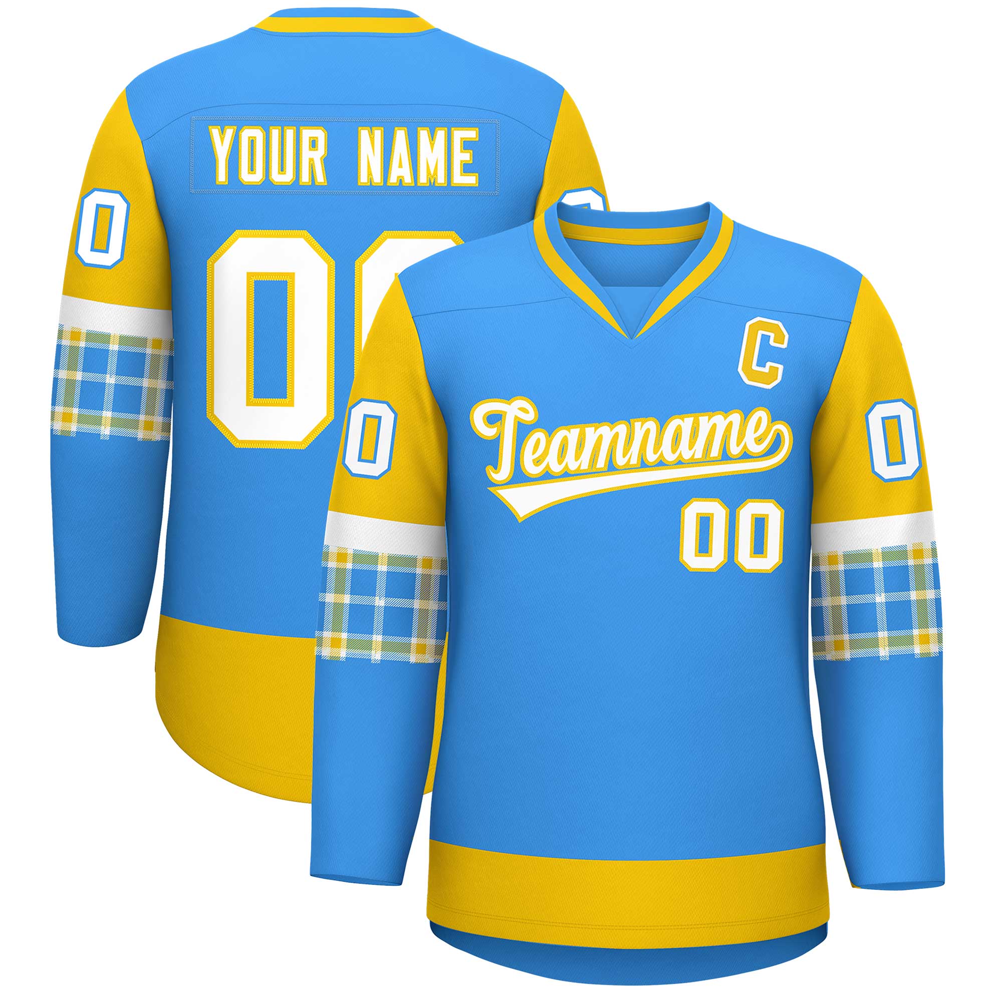 Custom Powder Blue Gold-White Personalized Raglan Sleeves V-Neck Hockey Jersey