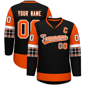 Custom Black Orange-Orange Personalized Raglan Sleeves V-Neck Hockey Jersey