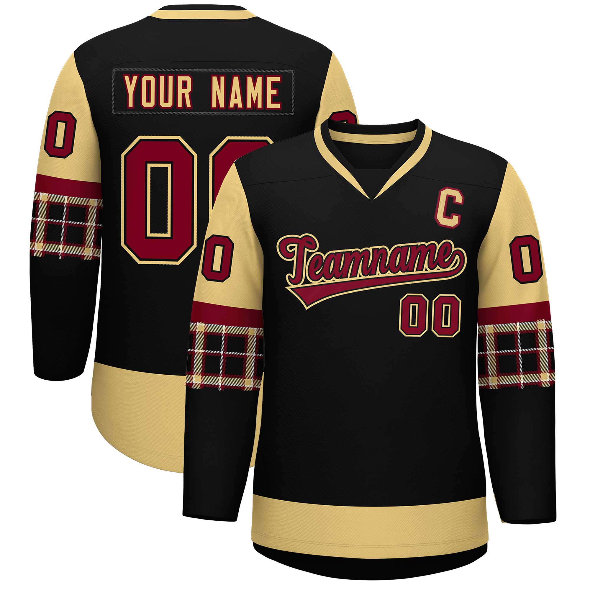 Custom Black Khaki-Crimson Personalized Raglan Sleeves V-Neck Hockey Jersey