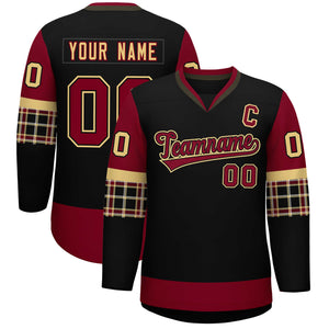 Custom Black Crimson-Crimson Personalized Raglan Sleeves V-Neck Hockey Jersey