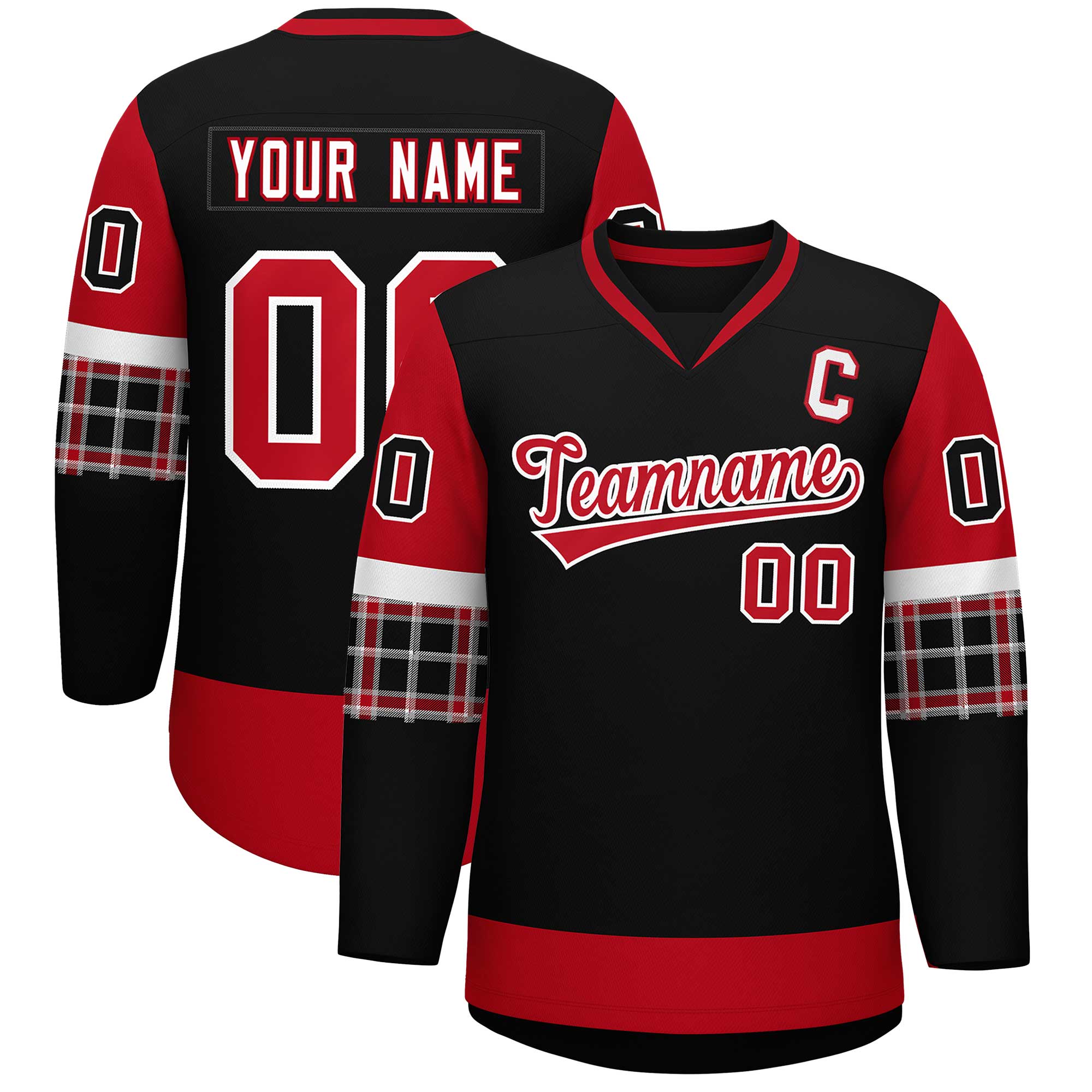 Custom Black Red-Red Personalized Raglan Sleeves V-Neck Hockey Jersey