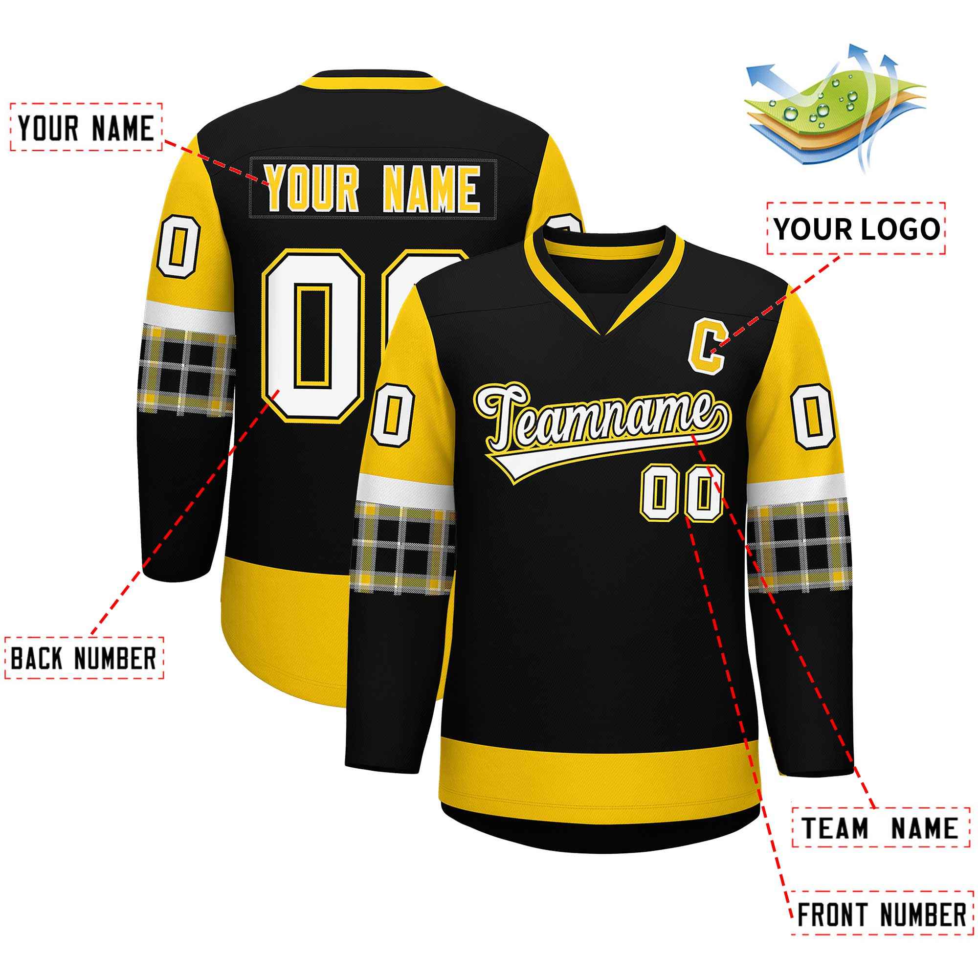 Custom Black Gold-White Personalized Raglan Sleeves V-Neck Hockey Jersey