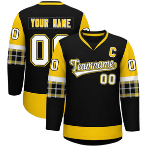 Custom Black Gold-White Personalized Raglan Sleeves V-Neck Hockey Jersey