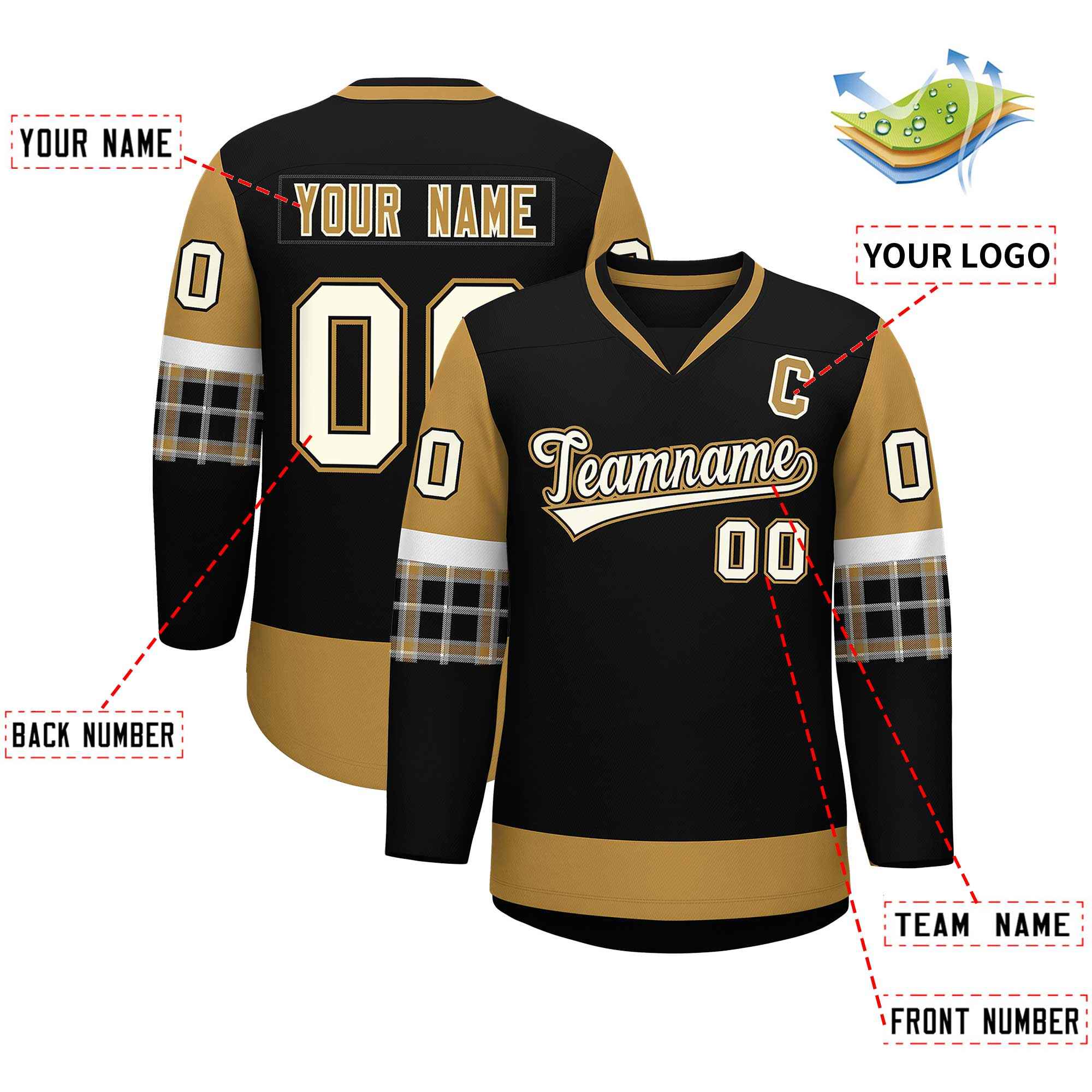 Custom Black Old Gold-White Personalized Raglan Sleeves V-Neck Hockey Jersey