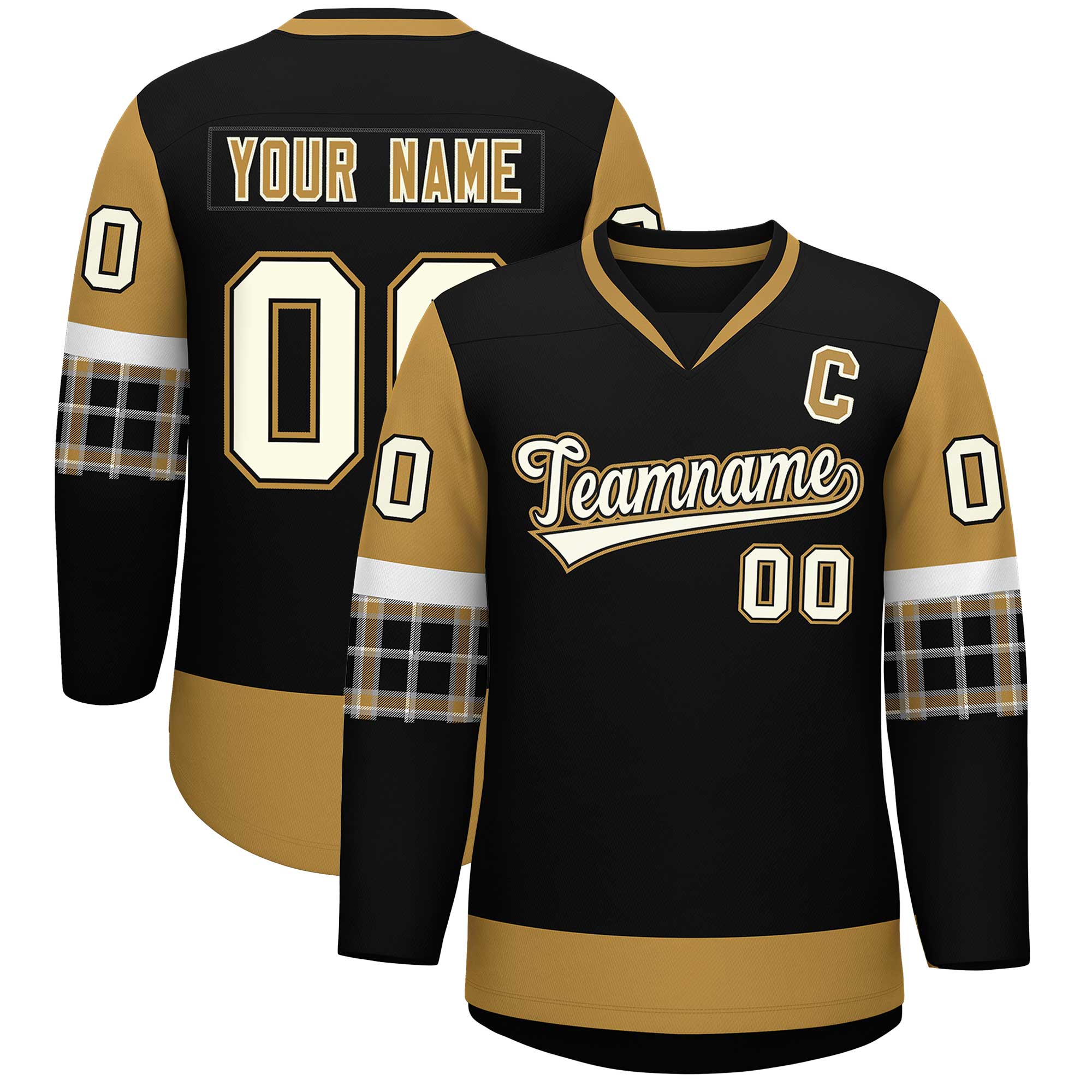 Custom Black Old Gold-White Personalized Raglan Sleeves V-Neck Hockey Jersey