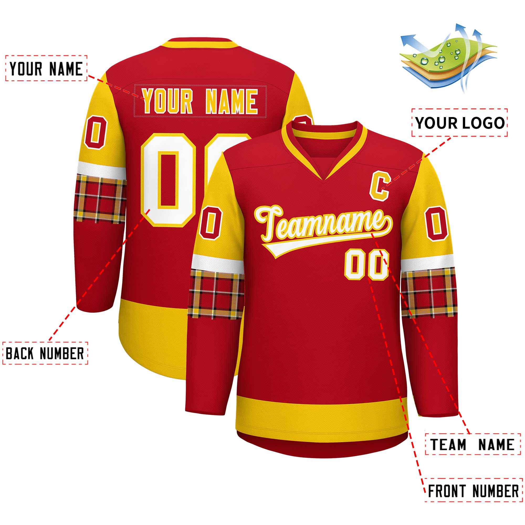 Custom Red Gold-White Personalized Raglan Sleeves V-Neck Hockey Jersey