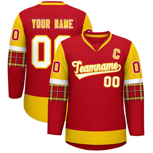 Custom Red Gold-White Personalized Raglan Sleeves V-Neck Hockey Jersey