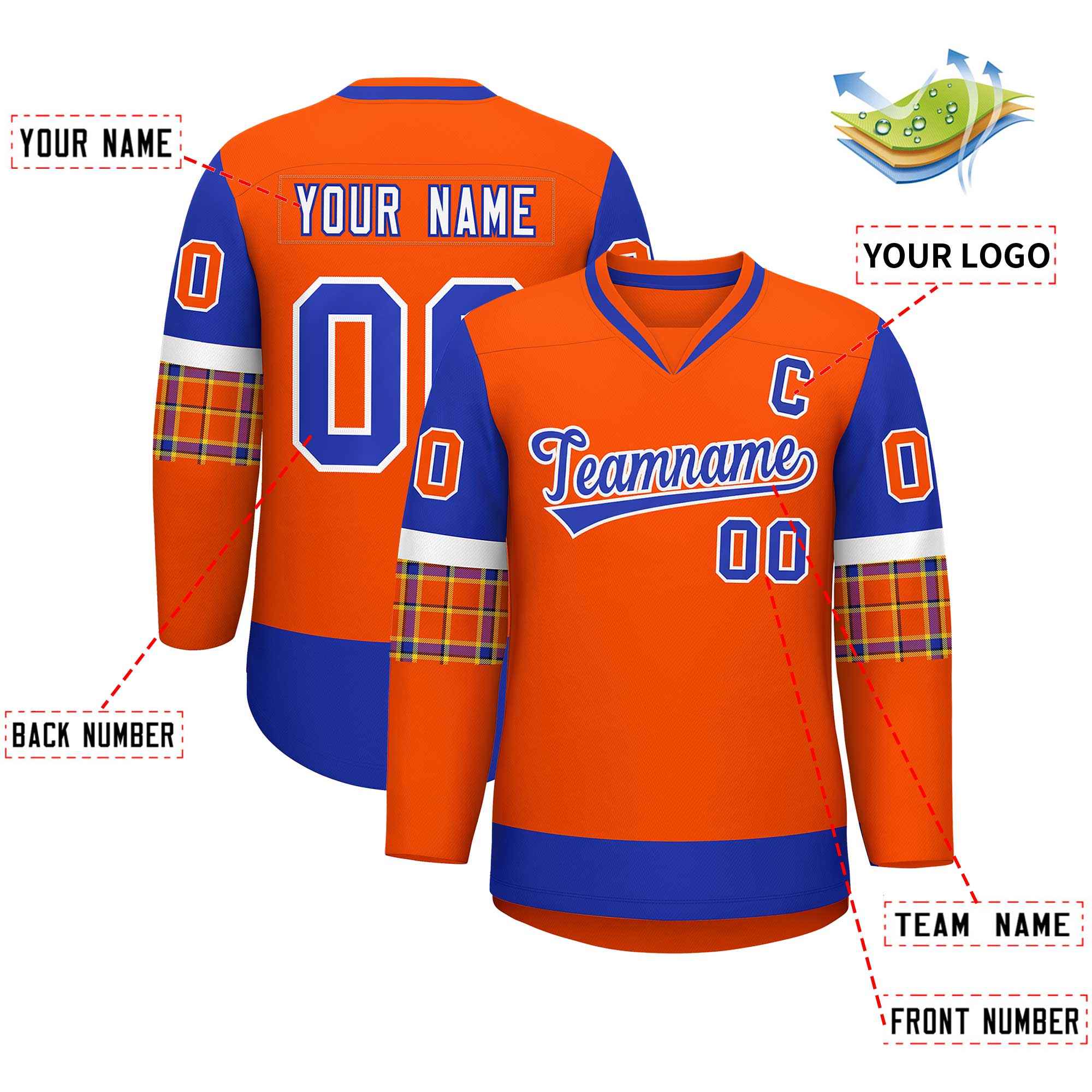 Custom Orange Royal-Royal Personalized Raglan Sleeves V-Neck Hockey Jersey