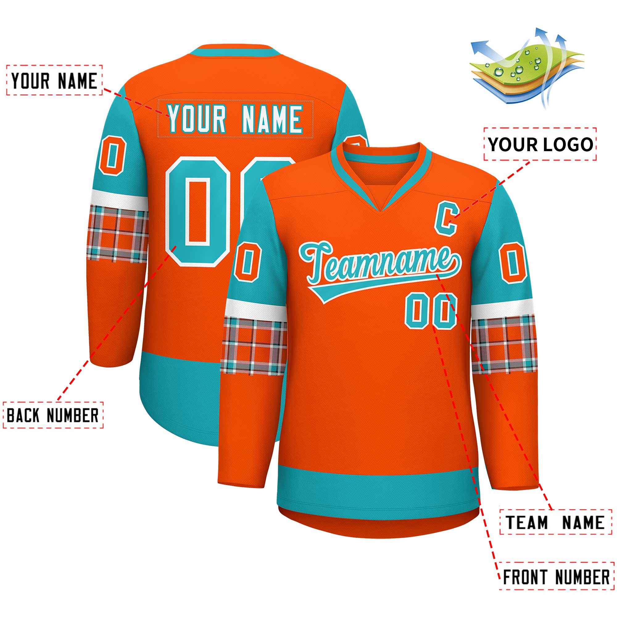 Custom Orange Aqua-Aqua Personalized Raglan Sleeves V-Neck Hockey Jersey