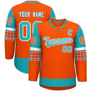 Custom Orange Aqua-Aqua Personalized Raglan Sleeves V-Neck Hockey Jersey